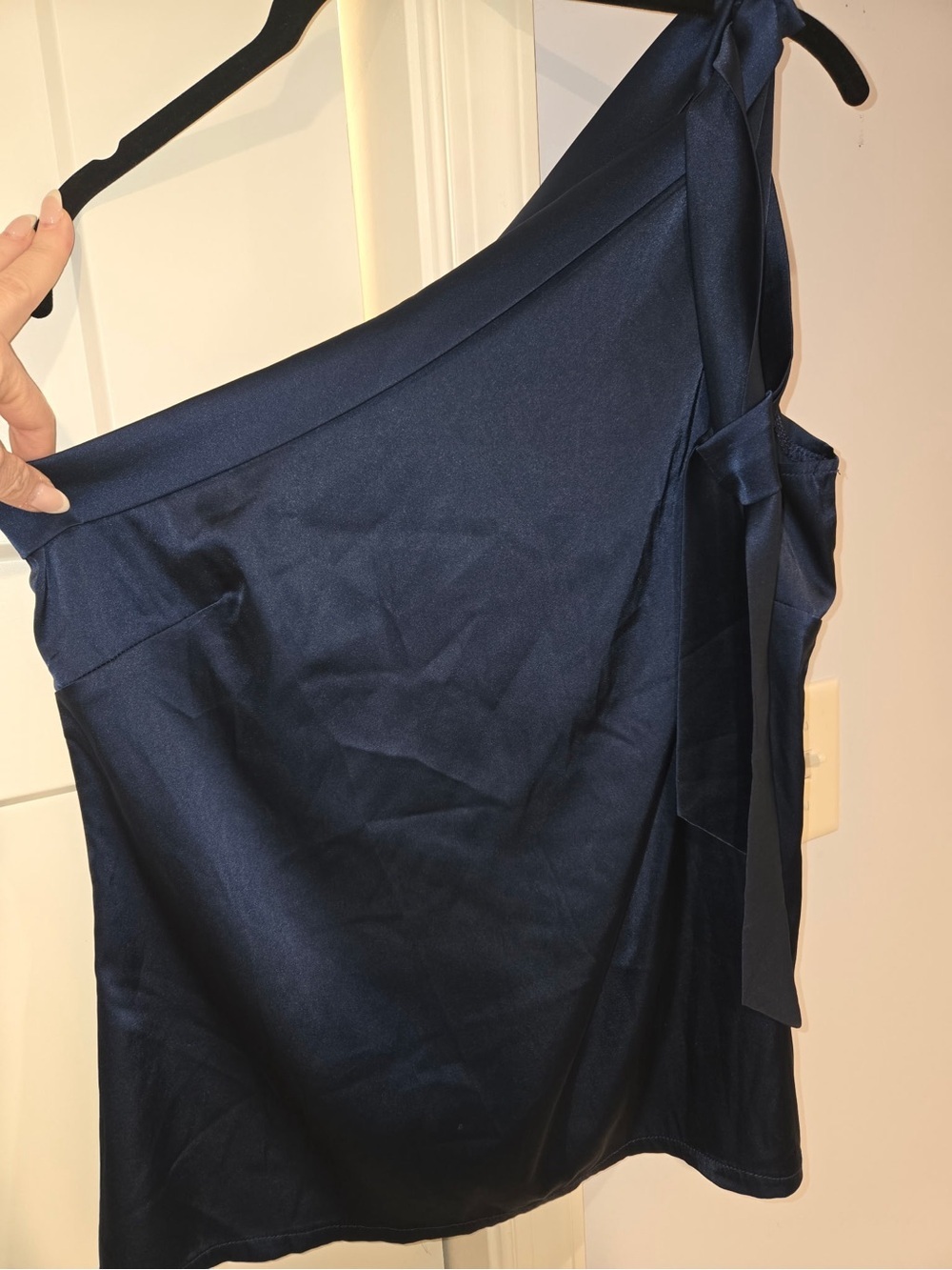 One-Shoulder Navy Satin Top